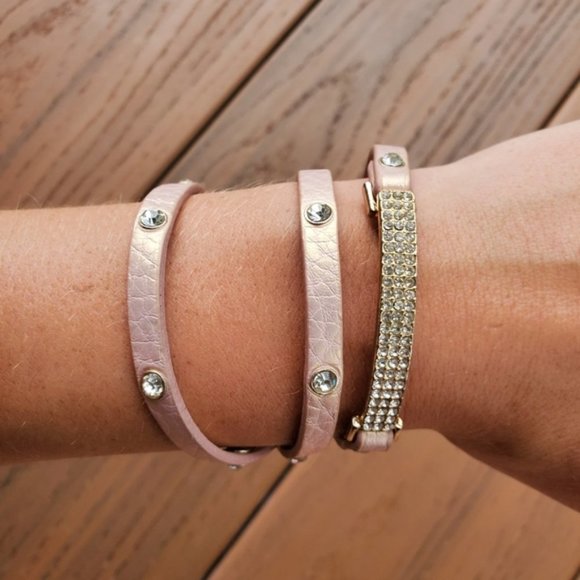Pastel Pink Faux Leather Wrap Bracelet Rhinestones Glam Party Casual Boho Preppy - Picture 1 of 7